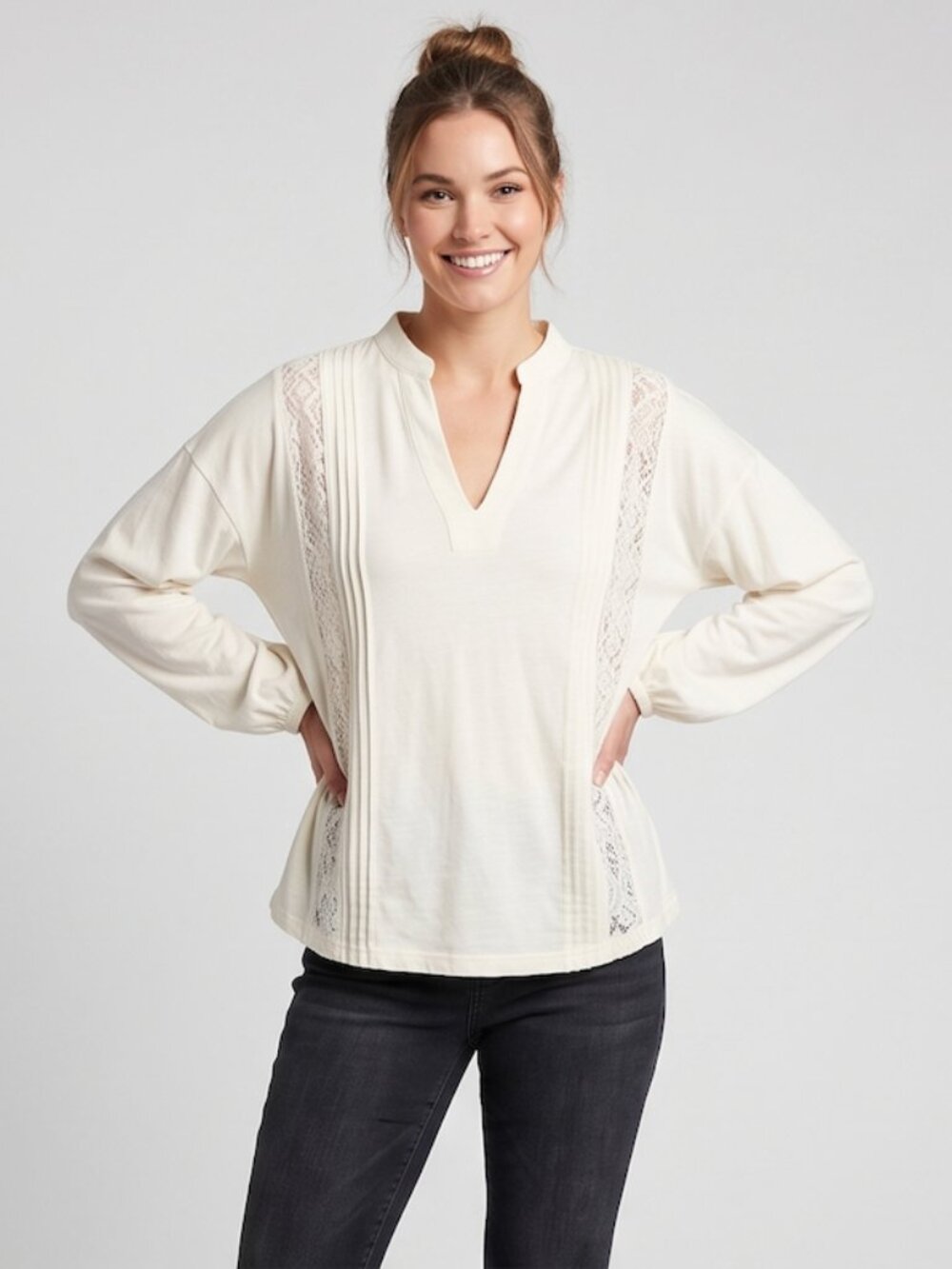 NWT Chaps Cream Off-White Crochet Lace Inset Pintuck V-Neck Peasant Blouse